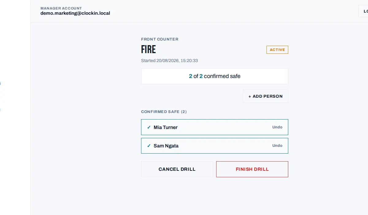 Clock-In emergency roll call screen tracking who has been confirmed safe during a fire drill